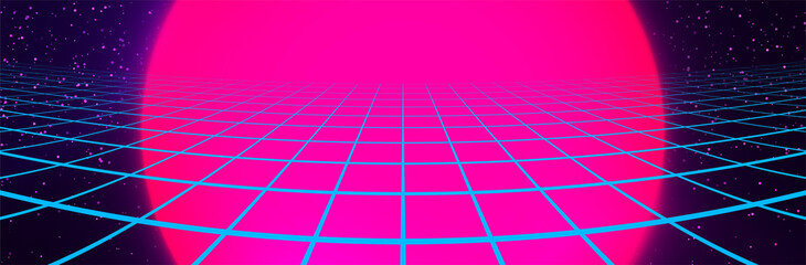 Synthwave background. 80s retro sun with grid. Wide retrowave vector poster. Pink and cyan blue colors