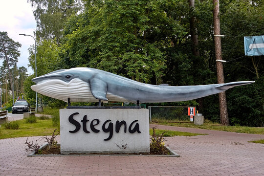 Stegna, Poland - July 8th, 2020. Fin whale monument commemorating event from 2015 when a fin whale washed up on the local beach.