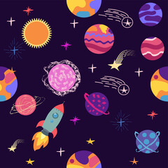 Seamless space pattern. Planets, rockets and stars. Cartoon spaceship icons. Kid's elements for scrap-booking.