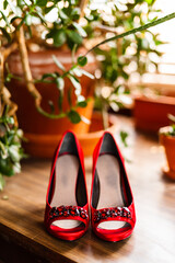 Red heeled shoes on a table.