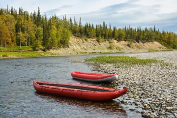 Inflatable kayak on the water.