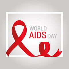 world aids day lettering with a red ribbon on a square