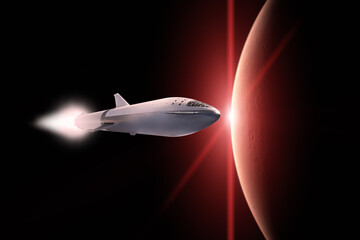 Fototapeta na wymiar Starship taking off on a mission on background of Mars planet. Elements of this image furnished by NASA.