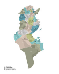 Tunisia higt detailed map with subdivisions. Administrative map of  Tunisia with districts and cities name, colored by states and administrative districts. Vector illustration 