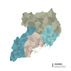 Uganda higt detailed map with subdivisions. Administrative map of Uganda with districts and cities name, colored by states and administrative districts. Vector illustration