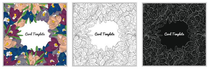 Set of square greeting card templates with hand drawn colorful and monochrome crocus flowers frame. Vector illustration