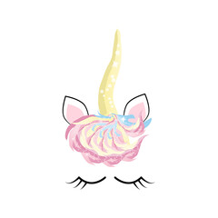 Happy unicorn face. Hand drawn style. Just believe. Birthday decoration theme illustration.