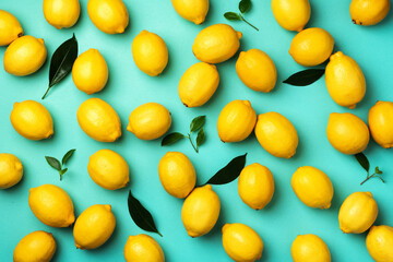 Immune system booster. Fresh lemons pattern on blue background. Copy space. Top view. Flat lay....