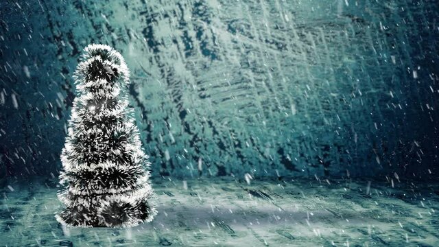 chritmas tree with blinking lights changing on medical mask under falling snow on frozen ice background