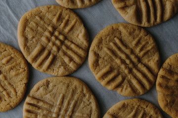 Soft fresh baked peanut butter cookies from top view.