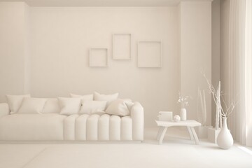 White minimalist living room with sofa. Scandinavian interior design. 3D illustration