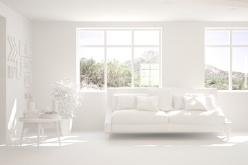 White minimalist living room with sofa. Scandinavian interior design. 3D illustration