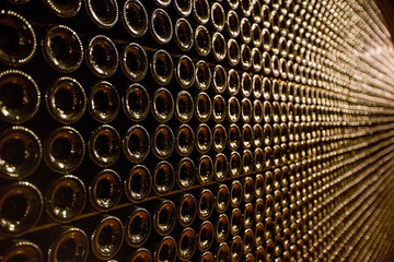 Close up of bottom of dark wine bottles with reflecting light in a bodega in Santa Maria del Cami,...
