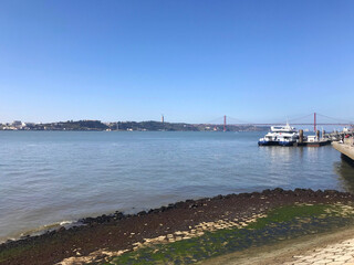 view of  the Tagus River near Cais das Colunas in Lisbon, Portugal