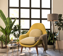 Cozy living room with an armchair coffee table with a magazine, lots of potted plants and a floor...