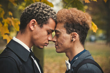 Handsome young gay couple standing head to head in park during autumn. Concept of same sex love,...
