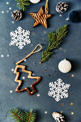 Christmas or New Year background. Christmas decorations on dark background, top view