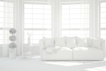 White minimalist living room with sofa. Scandinavian interior design. 3D illustration