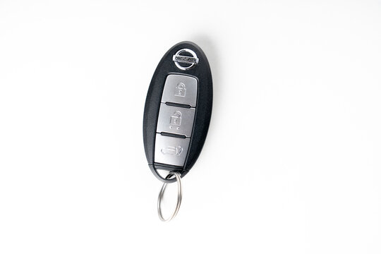 Moscow, Russia, April 08, 2020, the Key to a new Nissan car on a white background