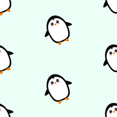 Cute penguins on blue background. Seamless pattern.