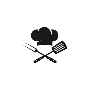 recommend clip art: Chef cook cap with spatula and fork icon isolated on white. Cooking cap.