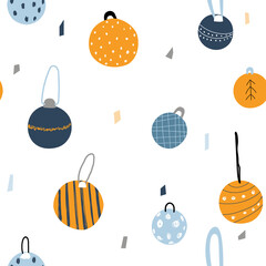 Seamless pattern with Christmas balls. Winter holiday print. Vector hand drawn illustration.