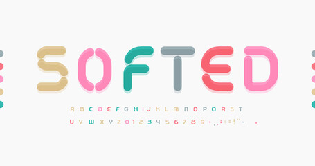 Awesome Softed Alphabet. Soft rounded font, minimal type for modern futuristic logo, headline, monogram, creative lettering and color typography. Kid style sans bold letters, vector typographic design