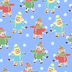 Seamless pattern with cartoon bulls for winter fun, the symbol of 2021