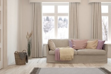 White living room with sofa and winter landscape in window. Scandinavian interior design. 3D illustration