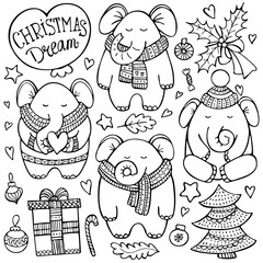 Christmas doodle set with elephants in knitted scarves surrounded by decorative elements. Cute hand-drawn vector background.