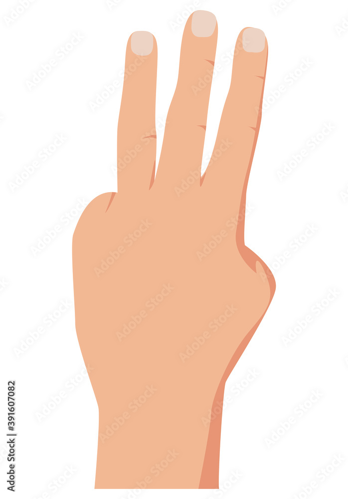 Poster gesture with lifted fingers up showing number three. vector illustration of counting hand isolated o