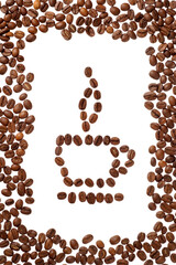 Cup of Coffee made of roasted coffee beans on white background with a frame