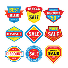 Sale design badges set. Discount clearance tag banner. Special offer sticker collection. Promotion market emblem. Vector illustration. 