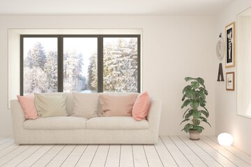 White living room with sofa and winter landscape in window. Scandinavian interior design. 3D illustration