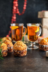 muffin sweet dessert christmas cupcakes and cup of tea festive table setting holidays new year gift tasty top view copy space food background rustic