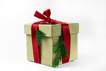 Craft gift box with fir. Christmas gift. Isolated on a white background
