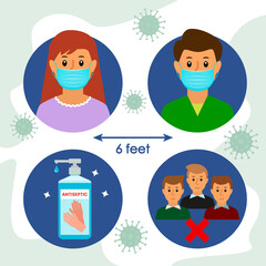 covid prevention instructions 19. keep social distance, disinfect your hands, wear a mask