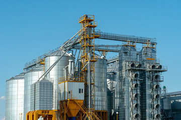 silver silos on agro manufacturing plant for processing drying cleaning and storage of agricultural products, flour, cereals and grain. Large iron barrels of grain. Granary elevator