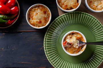 .Shepherd's pie. Typical Brazilian food. Made from potatoes and meat. Top view. Copy space