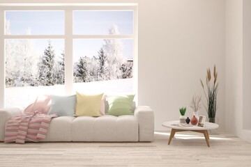 White living room with sofa and winter landscape in window. Scandinavian interior design. 3D illustration