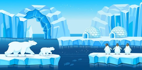 Arctic landscape with icebergs, igloo, polar bears, penguins and sea or ocean. Vector  cartoon illustration for games and mobile applications. © NADEZHDA