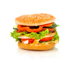 Big appetizing burger, hamburger with vegetables close-up side view isolated on white background