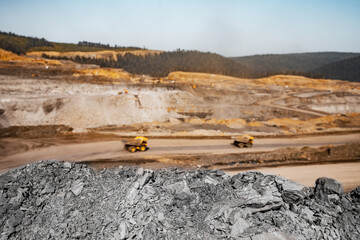 Open pit mine industry panoramic photo of workflow of machines