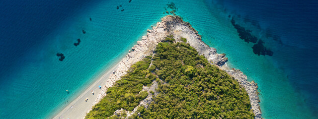 Aerial drone ultra wide panoramic photo of paradise sandy beach of Milia in island of Skopelos, Sporades, Greece