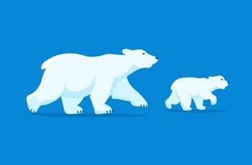 Polar bear mom and her baby are walking. Vector cartoon illustration
