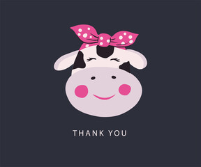 Cute vector cow face. Animal head with bandans, greeting card. 2021 New Year sign. Funny kid cartoon art.