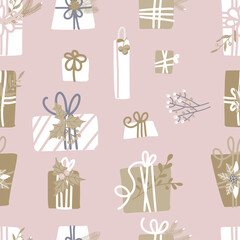 Seamless vector pattern with wrapped gifts. Wreath design for cards, wrapping papers, posters. Creative pink pastel hand drawn backdrop for holidays and parties.