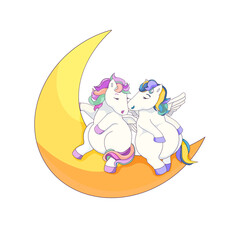 First date between cartoon cute Pegasus, isolated Pegasus on the Crescent Moon in Cartoon style, vector Pegasus on white isolated background, concept of Love and Valentine-s Day, and Fairytales.