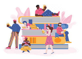 Reading books and love of literature concept with tiny people characters, flat vector illustration isolated on white background. Banner for book festival or store.