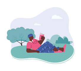 Young man enthusiastically reads an interesting book lying on grass in park or nature in summer season. Leisure or hobby of bookworm, fan, lover of literature. Vector illustration.